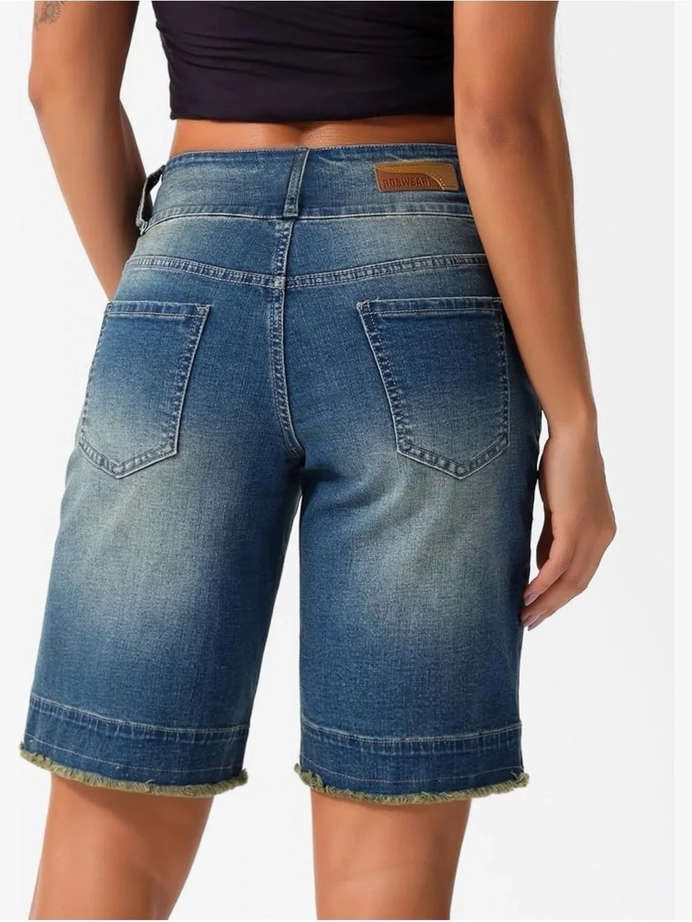 roswear Women's Stretchy Wide Leg High Waisted Frayed Hem Long Jean Shorts Sz XL
